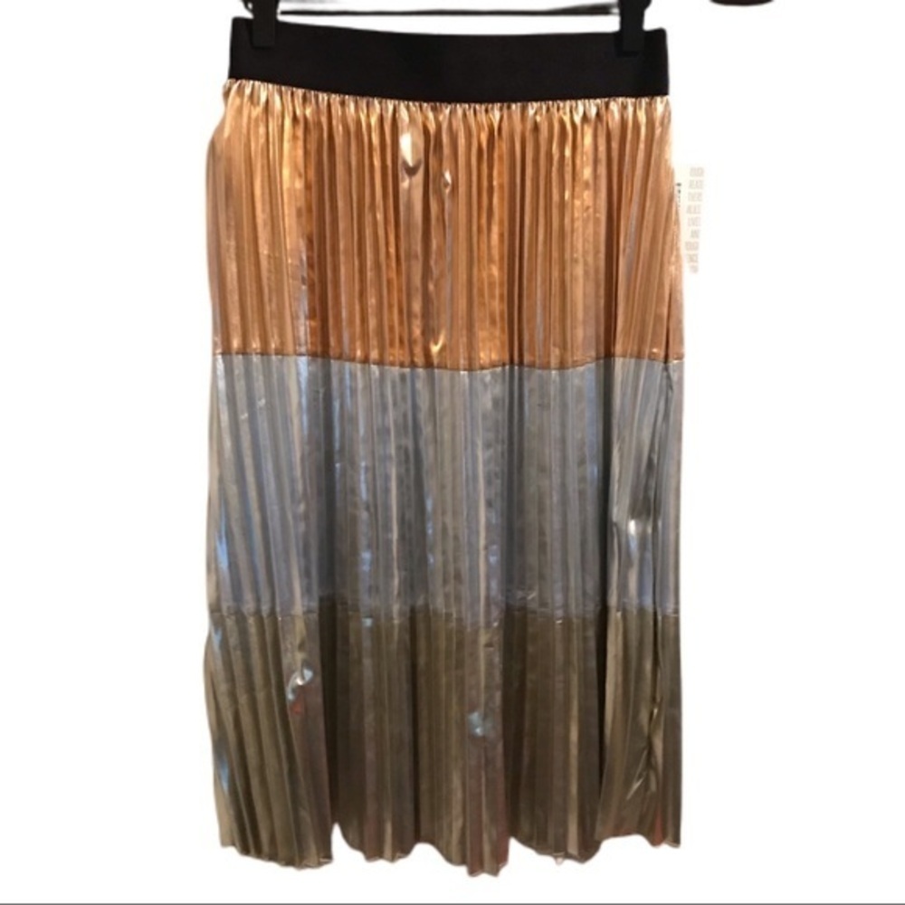 NWT LULAROE METALLIC PLEATED SKIRT COLORBLOCK XSmall Gold Silver Rose Candy Corn